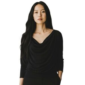 Elegant Laundry By Shelli Segal Cowl Neck Top. 3/4 Sleeve Blk. Banded Hem Sz. L